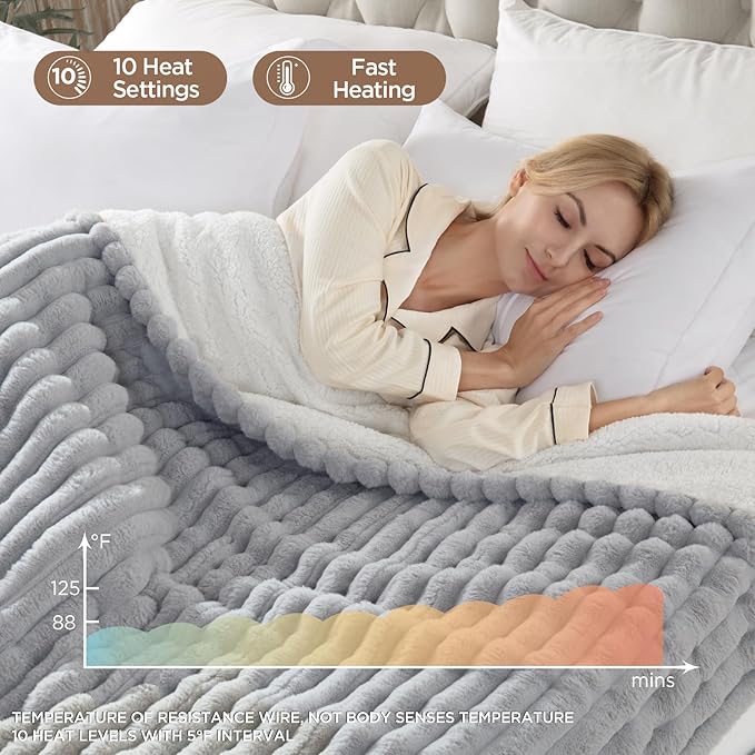Westinghouse Electric Blanket Full Size, Super Cozy Luxury Faux Fur & Sherpa Heated Blanket with 10 Heating Levels & 1-12 Hours Auto Off, Fast Heating Blanket, Machine Washable, 80x 84 Inch Light Grey