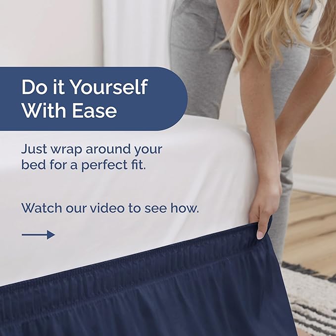 Wrap Around Dust Ruffle Bed Skirt - Navy Blue - Twin/Twin XL Size Beds with 24 Inch Drop - Elastic Strap - Adjustable Pleated Bedskirt with Brushed Fabric and Wrinkle Free - Women, Men, Kids & Teens
