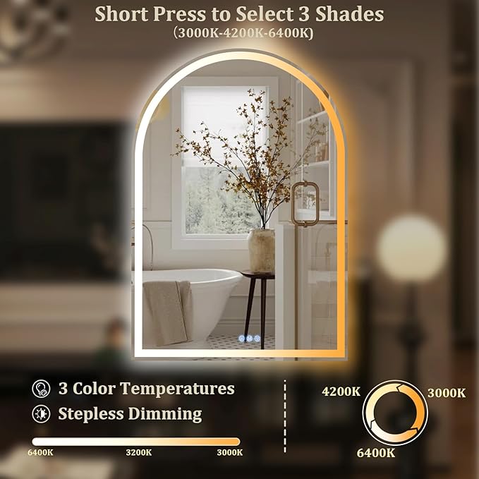 BEAUTYPEAK LED Arch Bathroom Mirrors with Lights, 48x30 Arch Mirror with Metal Frame, Anti-Fog,LED Mirror with Front Light and Backlit, Memory Function for Bathroom, Dressing Room