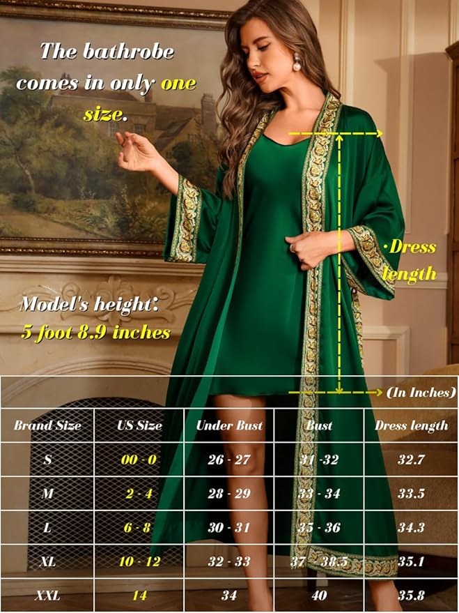 Satin Robe Sets For Women, 2-PC Lightweight Bathrobe, Silk Sleepwear Kimono Bridesmaid Sexy Robes
