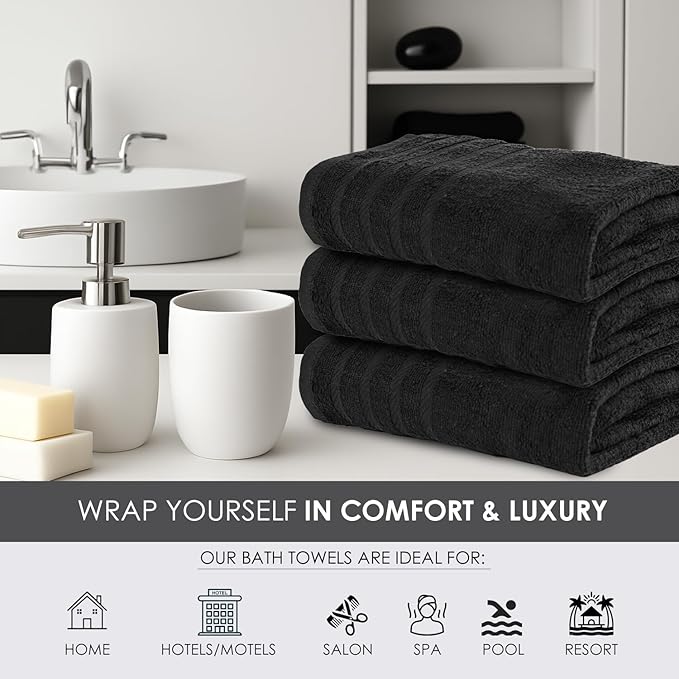 TOALLA_ Bath Towels_30x60_Pk 6_Black Bath Towels (6-Pack, 30W X 60 L Inches) Black Color- Cotton Towel for Gym, Bath, Spa, Shaving, Shampoo, for Daily use, Large