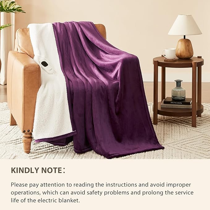 Homemate Electric Heated Blanket Queen Size - 84"x90" Heating Blanket Queen Size Dual Control 1/2/4/6/8 Hours Auto-Off 10 Heat Level Over-Heat Protection Flannel Sherpa ETL Certification