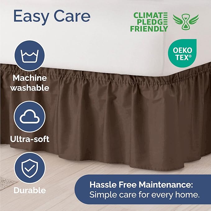 Wrap Around Dust Ruffle Bed Skirt - Brown - for Full Size Beds with 18 Inch Drop - Easy Fit Elastic Strap - Adjustable Pleated Bedskirt w/Brushed Fabric - Wrinkle Free - for Women, Men, Kids & Teens