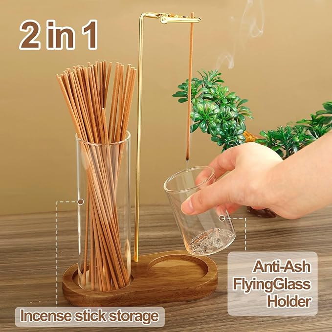 2 in 1 Glass Incense Holder & Burner for Sticks with Ash Catcher, Anti-Ash Flying Design, Storage Organizer and Hang Upside Down for Meditation Yoga Spa Home Decor
