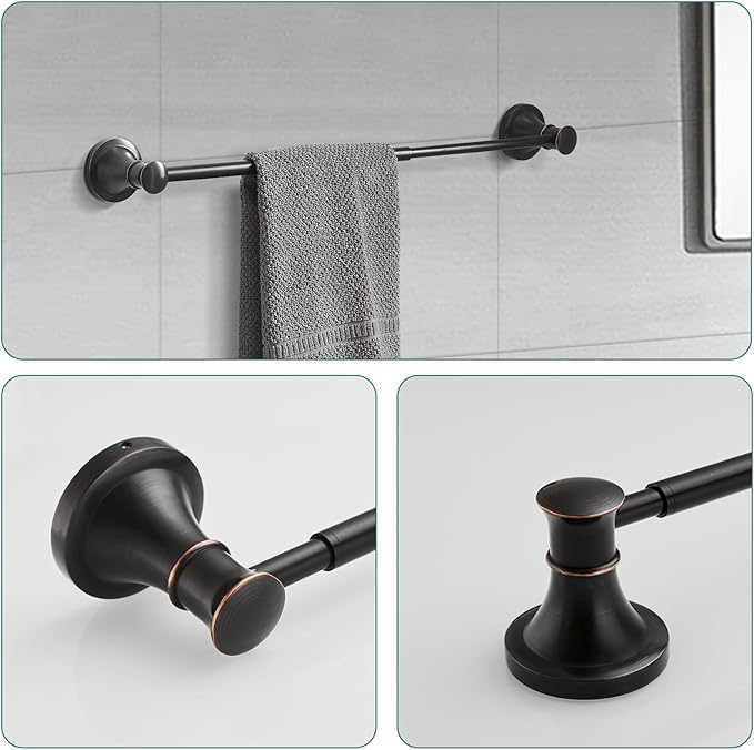 Hoimpro Oil Rubbed Bronze Bathroom Accessory Set, 4-Piece Wall Mount Hardware with Adjustable Towel Bar Rack, Towel Ring, Paper Towel Holder, Double Towel Hooks