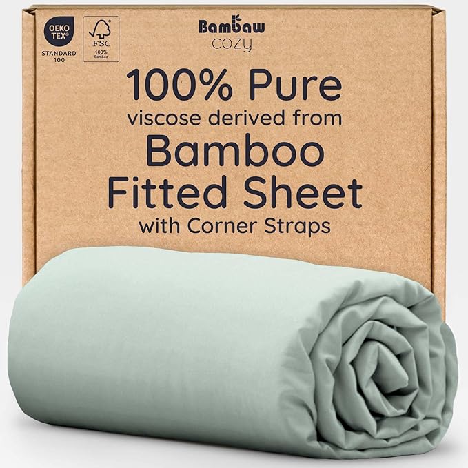 Bambaw Fitted Sheet with Elastic Corner Straps, 100% Viscose Derived from Bamboo Fitted Sheet Queen Size, 16’’ Deep Pocket Queen Size Mattress Sheets (Sea Glass)