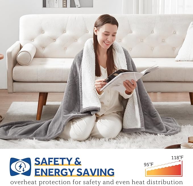 SEALY Electric Throw Blanket, Flannel & Sherpa Heated Throw with 6 Heating Levels & 2-10 Hours Auto Shut Off, Fast Heating & Machine Washable, 50x60 Inch, Light Grey