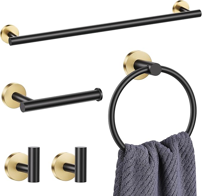 Lairuier 5 Pieces Black Gold Bathroom Accessories Set, 23.6 Inch Bath Towel Bar Set, SUS304 Stainless Steel Bathroom Hardware Set Round Toilet Paper Holder Set Wall Mounted