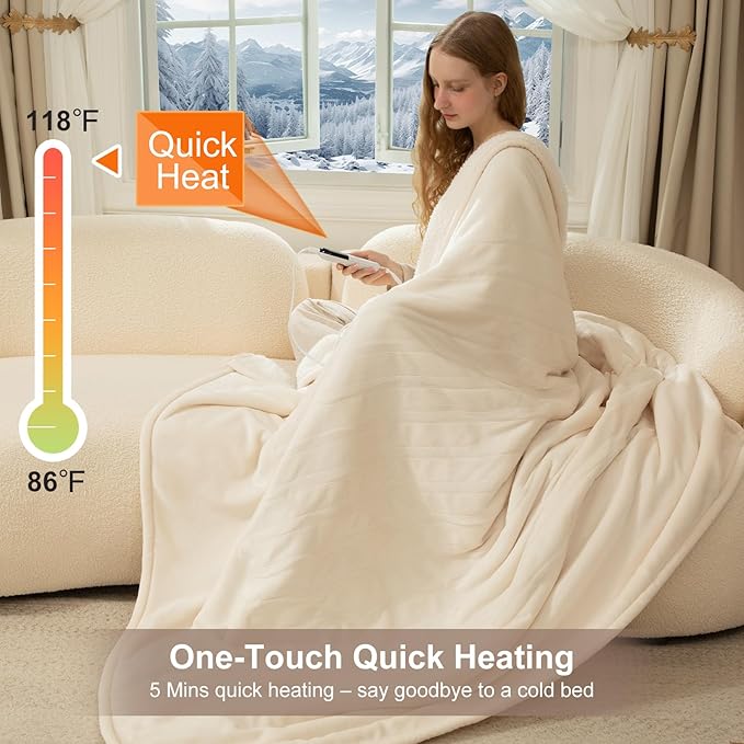 Electric Blanket Full Size 72" X 84" - Flannel Sherpa Heated Blanket with Fast Heating, 6 Heat Settings, 1-10 Hrs Timer Settings, ETL Certified Heating Blanket, Washable, White