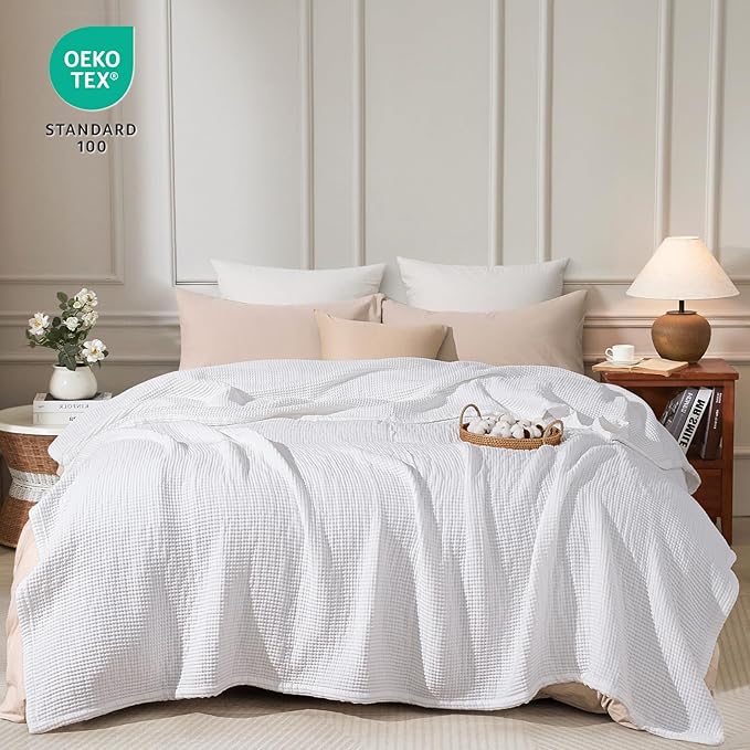 PHF 100% Cotton Waffle & Muslin Blanket King Size, Soft Breathable Luxury 400GSM Versatile Reversible Bedding for Bed, Great for Layering in Cold Weather, Home Decor Gift, 104" x 90", White