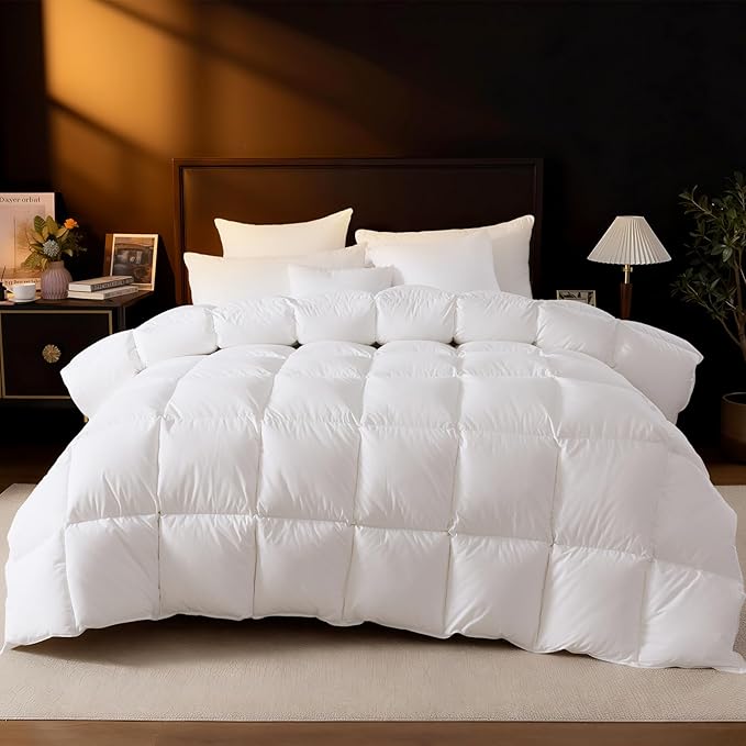 DROVAN Goose Feather Down Fiber Comforter Oversized King Size - 100% Cotton Duvet Insert with 8 Corner Loops - Luxurious All-Season Hotel Collection, 116x98 Inch