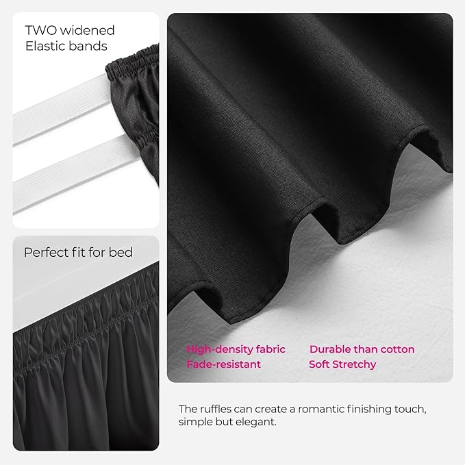 RIMELA Dorm Bed Skirt Twin XL 25 Inch Drop, Extra Long Wrap Around Elastic Bed Skirts Easy to Put On Twin Size Dust Ruffle, Black Bedskirt for Adjustable Bed Base Solid Silky Fabric Machine Washable