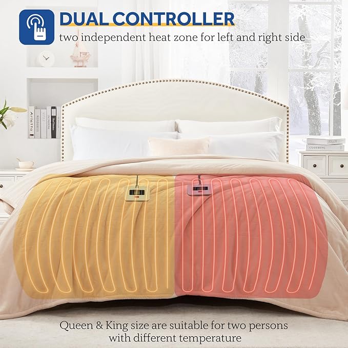Sealy Electric Blanket Queen Size, Flannel Heated Blanket with 10 Heating Levels & 1-12 Hours Auto Shut Off, Fast Heating Warm Blanket, Machine Washable, Beige, 84 x 90 Inch