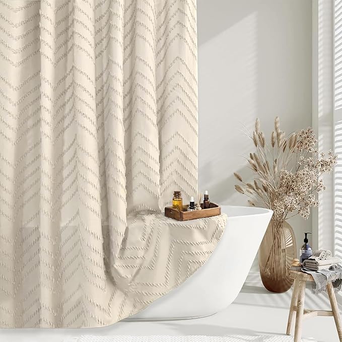 Tall Shower Curtain 78 Inches Long Beige Shower Curtain Boho Cute Chic Tufted Chevron Textured Striped Modern Minimalist Shower Curtains for Bathroom