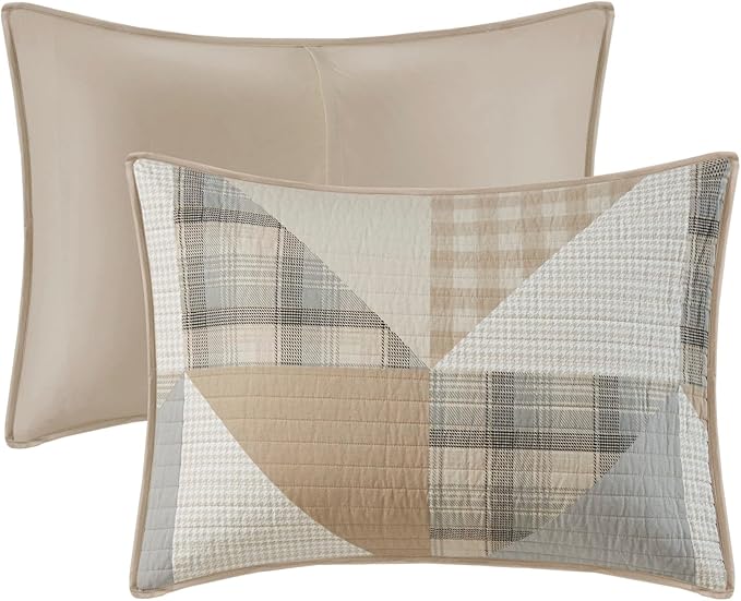 Woolrich Olsen Reversible Quilt Set - Cottage Styling Reversed to Solid Color, All Season Lightweight Coverlet, Cozy Bedding Layer, Matching Shams, Oversized King/Cal King Geometric Plaid Tan 3 Piece