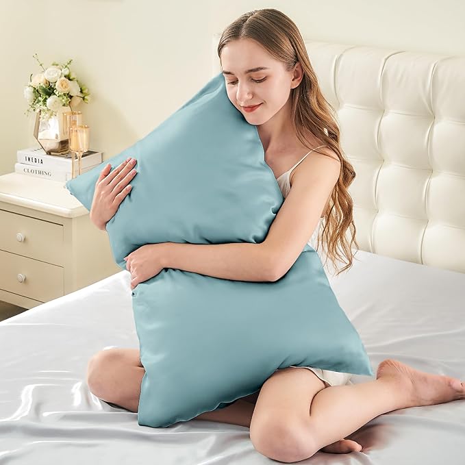 INFIIXSO Silk Pillow Cases 2 Pack Standard Size, Ultra Smooth & Soft Mulberry Silk Pillow Case for Hair and Skin, Breathable Cooling Silk Pillowcase with Hidden Zipper (Haze Blue, 20x26 Inches)