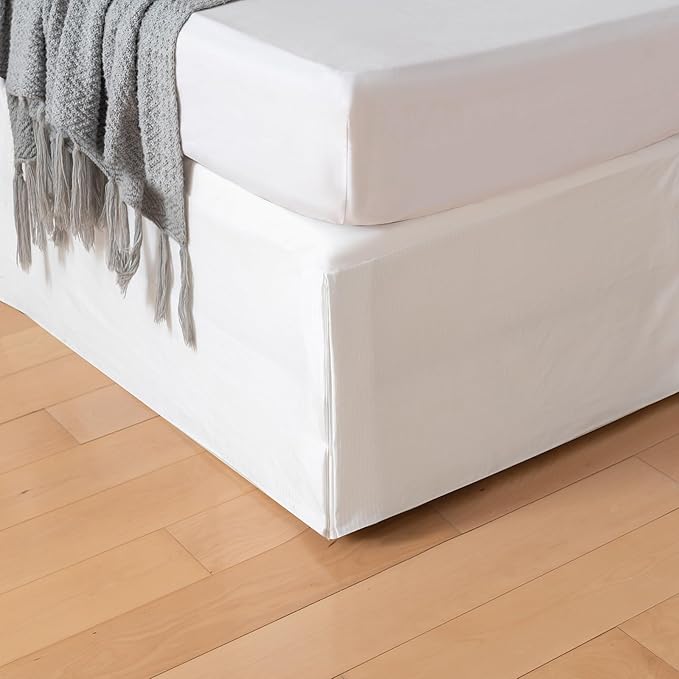 Queen Bed Skirt, Grid Plaid Soft Quadruple Pleated Ruffle Bed Skirt, Tailored Dust Ruffle 14 Inch Drop Easy Fit, Machine Washable (White)