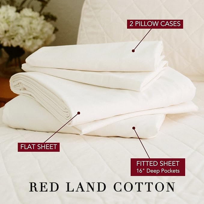 Red Land Cotton Luxury Sheet Set | 100% American Grown Cotton Basics | Premium Hotel Ultra-Soft Lightweight 4 Piece USA Made Deep Pocket Fitted, Flat Sheet, & Pillowcases Percale Weave (King/Natural)