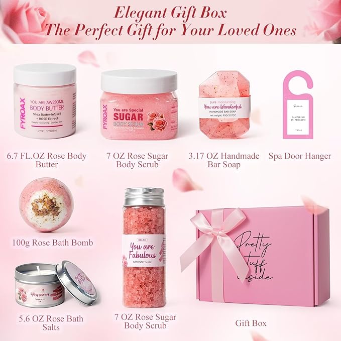 Spa Gifts for Women 7 Pcs Home Spa Kit Rose Gifts for Woman,Spa Gift Baskets Self Care Gifts Spa Gift for Women Birthday,Mothers Day Basket Easter Christmas Bath Set