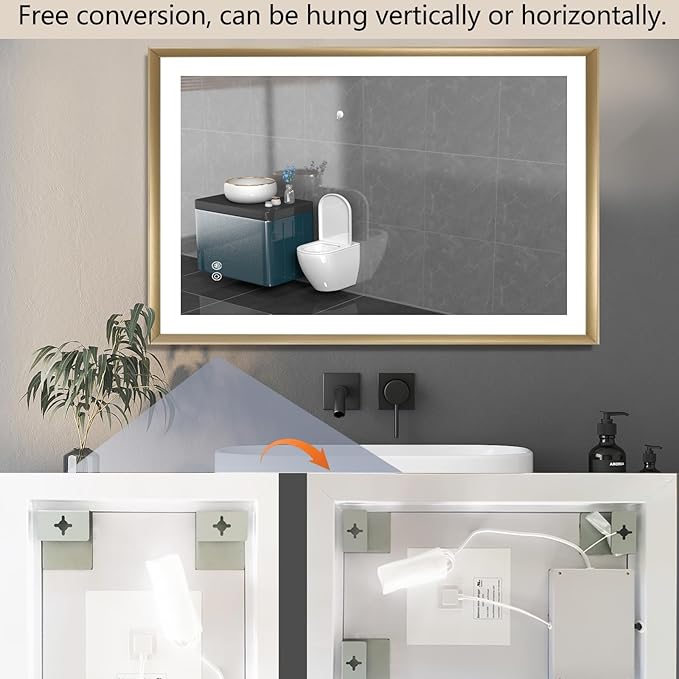24 X 32 Gold Bathroom LED Mirror – Frontlit & Backlit Vanity Mirror with Antifog & Shatter Proof Tempered Glass, Aluminium Frame Bathroom Mirror, Comes with 3 Colour Lights Option