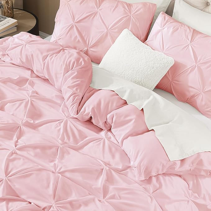 Litanika Pink Pinch Pleat Duvet Cover Full(79x90Inch), 3 Pieces(1 Duvet Cover, 2 Pillowcases) Luxurious Pintuck Bedding Set, Soft Microfiber with Zipper Closure & Corner Ties