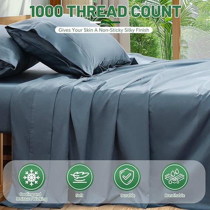 1000 Thread Count Egyptian Cotton Sheets Queen Size Set Sateen Weave Soft Breathable 16-Inch Deep Pocket 4PCS（Queen,Dusty Blue）