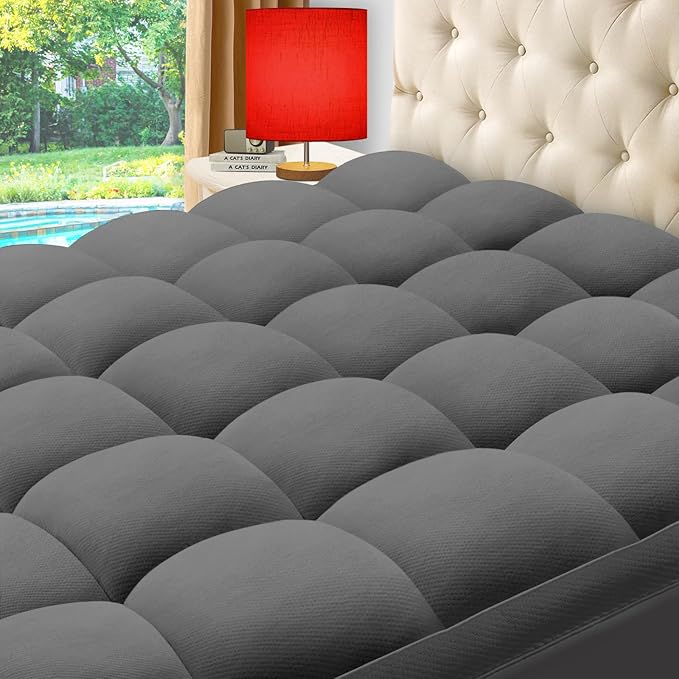ELEMUSE King Grey Cooling Bamboo Viscose Mattress Topper for Back Pain, Extra Thick Mattress Pad Cover, Plush Soft Pillowtop with Elastic Deep Pocket, Overfilled Down Alternative Filling