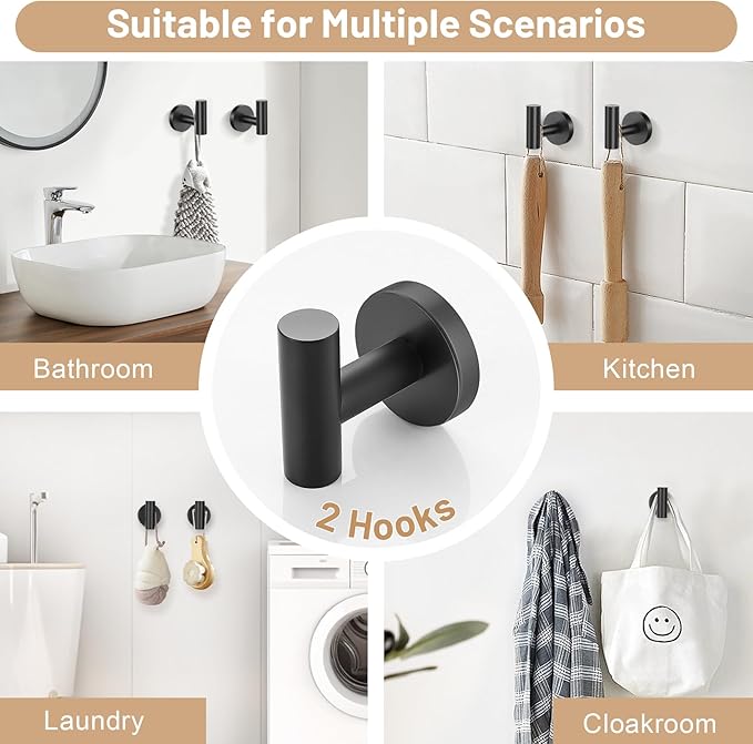 Black Bathroom Hardware Set, 4-Piece Towel Holder Set Include Double Bases Toilet Paper Holder,Towel Ring and 2 Towel Hooks Stainless Steel Wall Mounted Bathroom Hardware Accessories Set