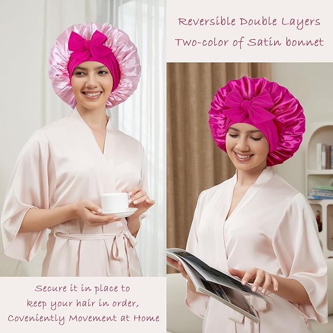 Satin Bonnet with Tie Band,Silk Hair Bonnet for Sleeping Women,Bonnets for Women,Double Layer Sleep Cap for Braids Curly Hair