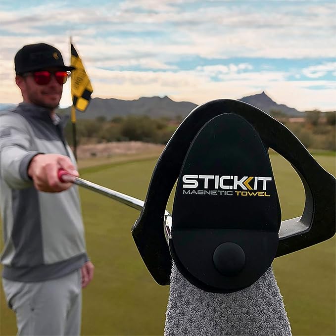 STICKIT Magnetic Towel, Grey | 2-Pack | Top-Tier Microfiber Golf Towel with Deep Waffle Pockets | Industrial Strength Magnet for Strong Hold to Golf Carts or Clubs