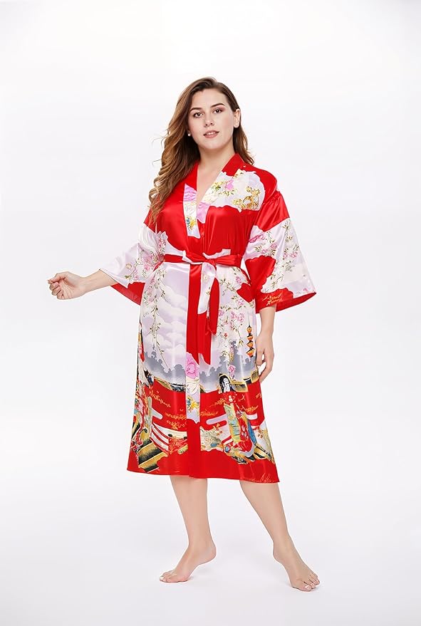 PRODESIGN Kimono Robe for Women - Long Satin Sleepwear Silky Kimono Cover-Up Nightgown Japanese Bathrobe Loungewear Blouse