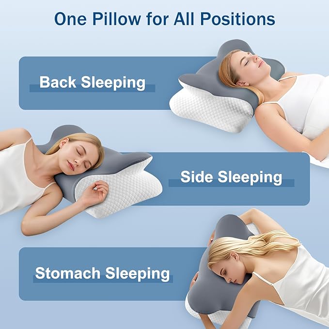 Cervical Neck Pillow for Sleeping, Ergonomic Side Sleeper Pillow for Neck Support, Memory Foam Pillows for Back Stomach Sleepers, Orthopedic Contour Pillows with Cooling Pillowcase (Dark Grey)