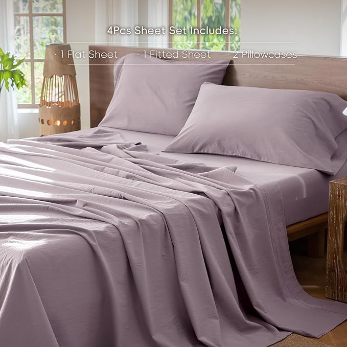 MooMee Bedding Sheet Set 100% Washed Cotton Linen Like Textured Breathable Durable Soft Comfy (Solid Taro Purple, Queen)