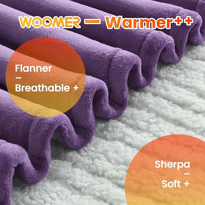 WOOMER Heated Blanket Queen Size,Durable Flannel and Soft Sherpa,Dual Control,84” × 90” Electric Blanket, 10 Heat Levels&0.5-12h auto-Off, Overheat Protection,Energy Efficient