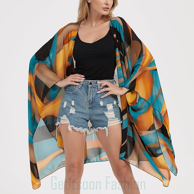 Women's Bohemian Floral Chiffon Beach Cover up Swimsuit Kimono Summer Swimwear Cardigans