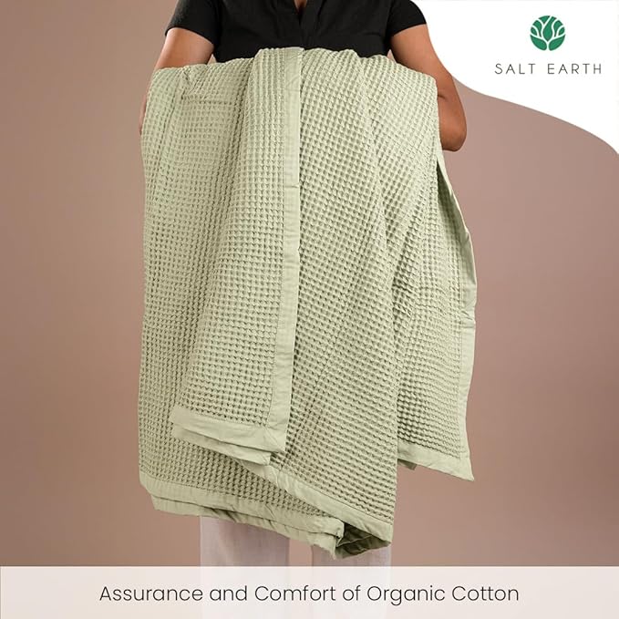 Salt Earth GOTS Certified 100% Organic Cotton Throw Blanket, 90" X 90" Waffle Blankets & Throws for Bed, Throw Blanket for Couch, Modern & Cozy Blanket, All Seasons, Comfy & Soft Blanket (Sea Foam)