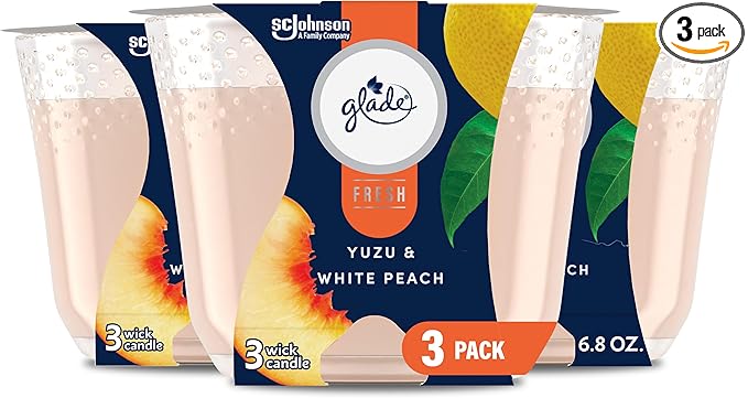 Glade 3-Wick Scented Candle Jar, Yuzu & White Peach, Air Freshener Infused with Essential Oils, 6.8 Oz, 3 Count