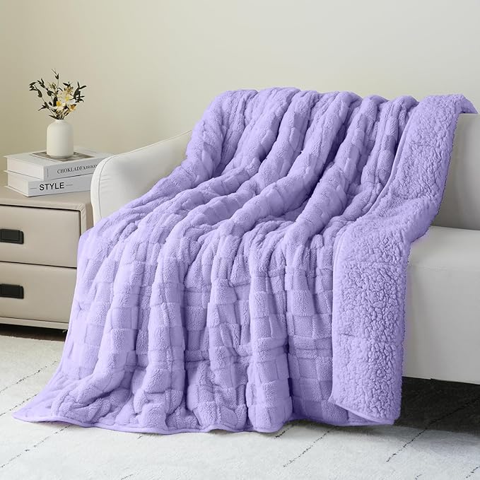 Uttermara Sherpa Fleece Weighted Blanket Queen Size 15lbs, 3D Jacquard Warm Sherpa Heavy Blanket for Adults, Soft Fuzzy Weighted Blankets for Couch Bed Sofa 60x80 Inches, Lavender Fog