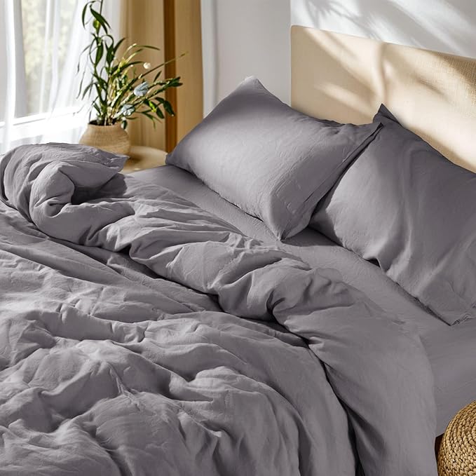SONORO KATE 100% French Linen Duvet Cover Full Size, Soft Breathable for Hot Sleepers, Moisture Wicking & Durable Cover Set - Zipper Closure & 4 Corner Ties Duvet Covers 3 Piece (Dark Grey,Full)