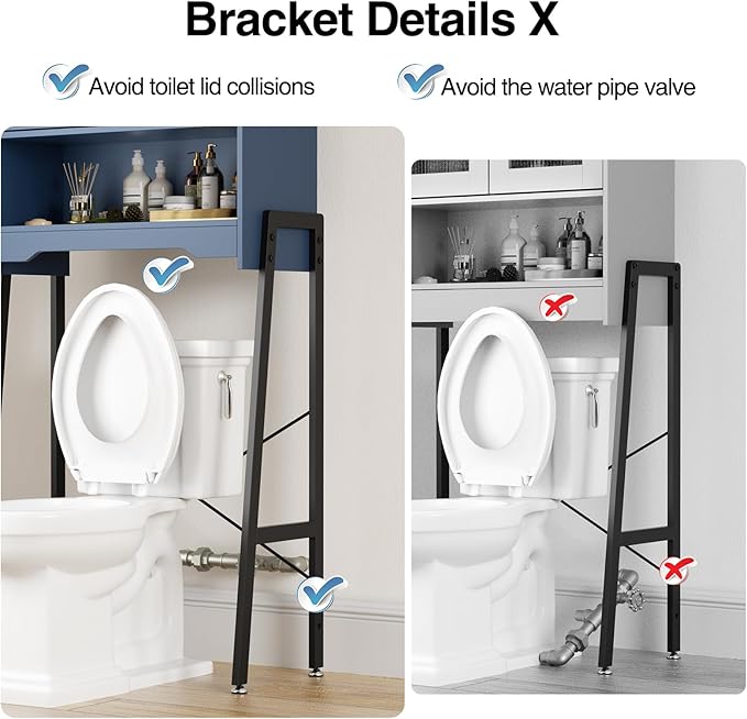 Over The Toilet Storage Cabinet with Tempered Glass Doors and Adjustable Shelf, Bathroom Organizer with Metal Stand Space Saver Over Toilet , Modern Toilet Rack for Bathroom, Restroom, Laundry, Blue