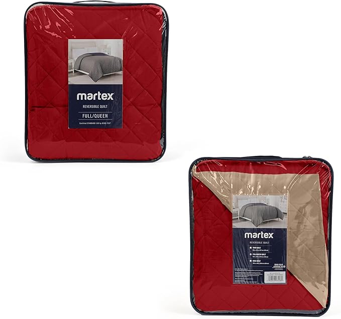 Martex Reversible Coverlet – King Bed Quilt – Lightweight King Size Bedding – Durable King Size Quilts for Bed – Soft - Easy Care Bedding – Khaki/Red