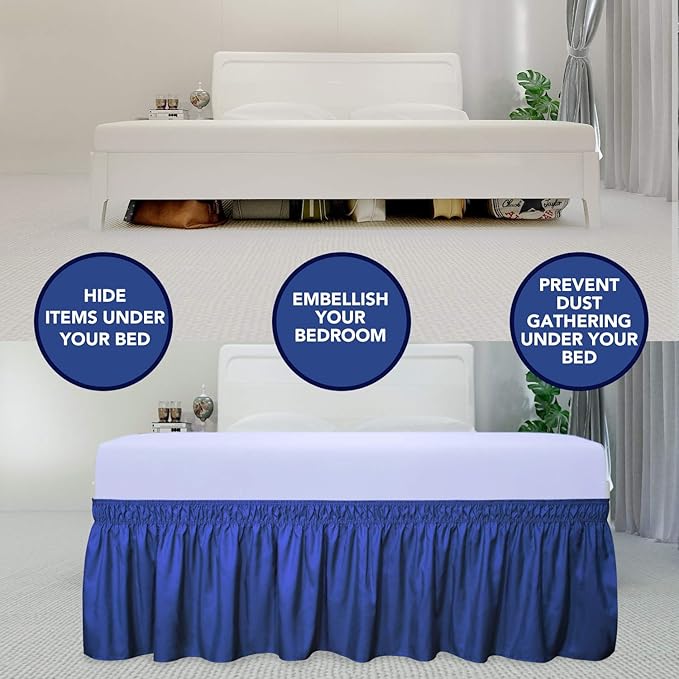 PureFit Wrap Around Ruffled Bed Skirt with Adjustable Elastic Belt - 22 Inch Drop Easy to Put On, Wrinkle Free Bedskirt Dust Ruffles, Bed Frame Cover for Twin, Twin XL and Full Size Bed, Classic Blue