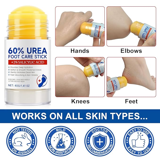Urea Cream Stick 60% plus Salicylic Acid 2%, Maximum Strength Urea Foot Cream for Dry Cracked Feet, Knees, Hands, Exfoliating Dead Skin, Repairs and Hydrates Feet, Foot Care Cream Moisturizer 2 PCS