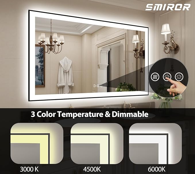 SMIROR Black LED Bathroom Mirror 50x36, Lighted Vanity Mirrors with Lights, Dimmable, Anti-Fog, Memory, Shatterproof (Real Front Lights + Backlit)