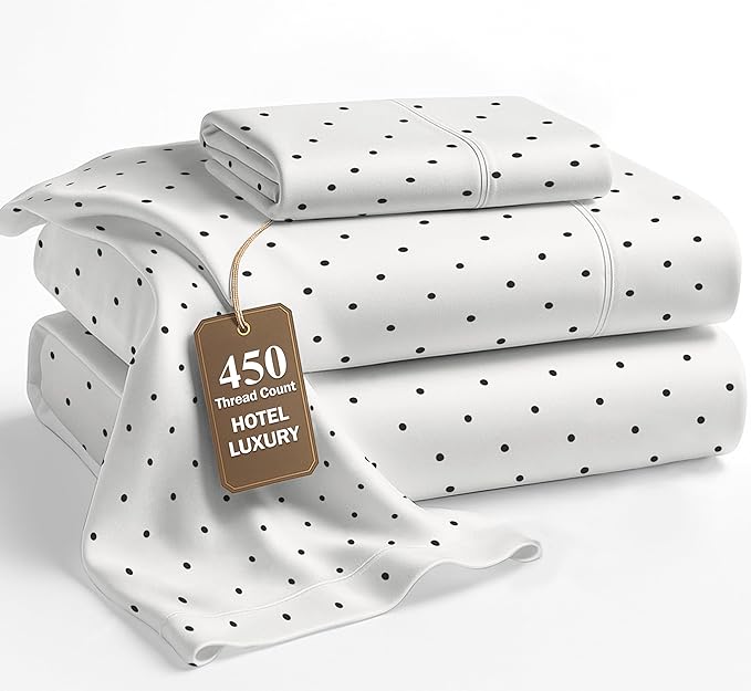 LANE LINEN Twin Extra Long Sheets – 450 Thread Count Cooling Cotton Sheets, Soft & Comfy Sateen Weave, 15” Deep Pocket Fully Elasticized Fitted Sheet, Hotel Sheet & Pillowcase Set, Polka Dot Black