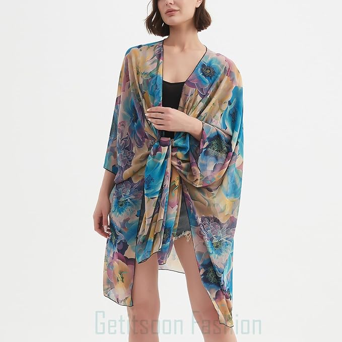 Women's Bohemian Floral Chiffon Beach Cover up Swimsuit Kimono Summer Swimwear Cardigans
