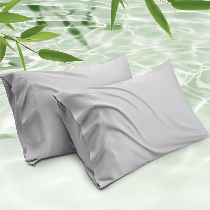 Bedsure Pillow Cases Standard Size, Cooling Pillow Cases, Rayon Derived from Bamboo Light Grey Pillowcases Standard Set of 2, Breathable & Soft Pillow Covers with Envelope Closure, 20x26 Inches