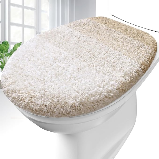 OLANLY Soft Microfiber Bathroom Toilet Lid Cover, Machine Washable Covers, 17.5x15, Stays in Place Rubber Backing, Fits Most Round, Elongated and Oblong Lids, Accessories Decor, Light Beige