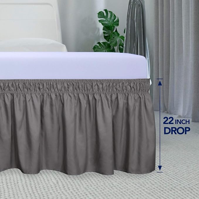 PureFit Wrap Around Ruffled Bed Skirt with Adjustable Elastic Belt - 22 Inch Drop Easy to Put On, Wrinkle Free Bedskirt Dust Ruffles, Bed Frame Cover for Twin,Twin XL and Full Size Beds, Dark Gray