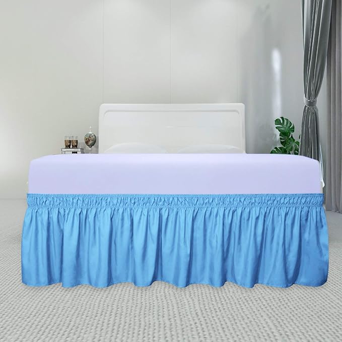 PureFit Wrap Around Ruffled Bed Skirt with Adjustable Elastic Belt - 22 Inch Drop Easy to Put On, Wrinkle Free Bedskirt Dust Ruffles, Bed Frame Cover for Queen, King and C-King Size Beds, Light Blue